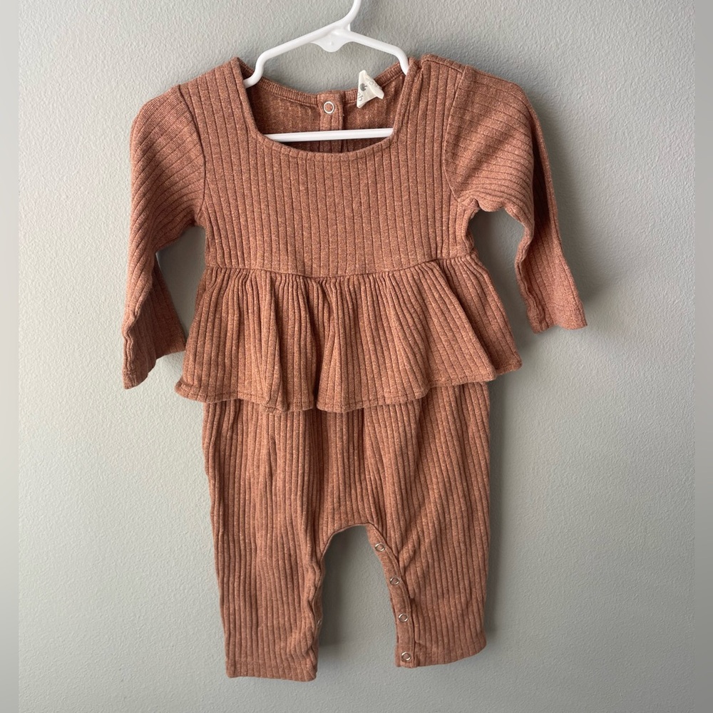 Kate Quinn Organic Cotton Brown Ribbed Romper Peplum Waist & Square Neckline